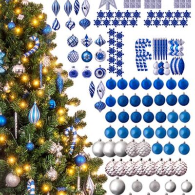 Christmas Tree World The 212Pc Blue & Silver Full Heavy Coverage Bauble Set (8Ft Trees)  8 Foot Pre Lit Christmas Trees