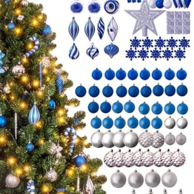 Christmas Tree World The 128Pc Blue & Silver Full Heavy Coverage Bauble Set (6Ft Trees)  6 Foot Pre Lit Christmas Trees