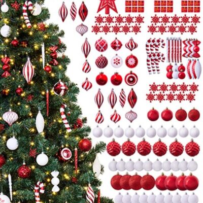 Christmas Tree World The 212Pc Red & White Full Heavy Coverage Bauble Set (8Ft Trees)  8 Foot Pre Lit Christmas Trees