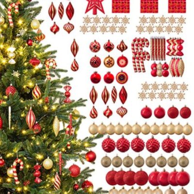 Christmas Tree World The 212Pc Red & Gold Full Heavy Coverage Bauble Set (8Ft Trees)  8 Foot Pre Lit Christmas Trees