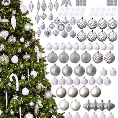 Christmas Tree World The 196Pc White & Silver Full Heavy Coverage Bauble Set (7Ft Trees)  7 Foot Pre Lit Christmas Trees