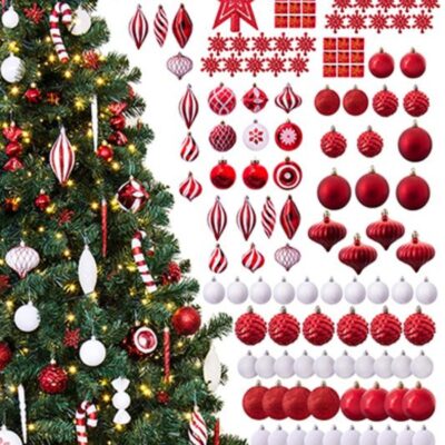 Christmas Tree World The 196Pc Red & White Full Heavy Coverage Bauble Set (7Ft Trees)  7 Foot Pre Lit Christmas Trees