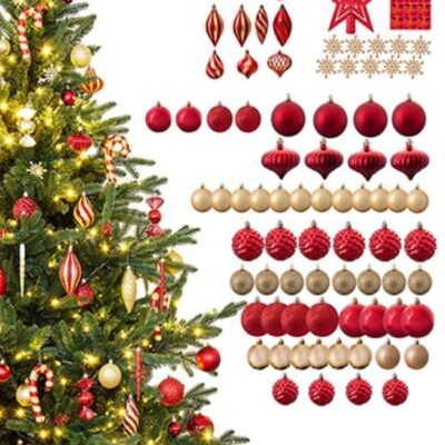 Christmas Tree World The 128Pc Red & Gold Full Heavy Coverage Bauble Set (6Ft Trees)  6 Foot Pre Lit Christmas Trees