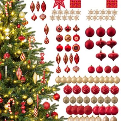 Christmas Tree World The 196Pc Red & Gold Full Heavy Coverage Bauble Set (7Ft Trees)  7 Foot Pre Lit Christmas Trees