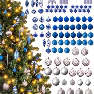 Christmas Tree World The 196Pc Blue & Silver Full Heavy Coverage Bauble Set (7Ft Trees)  7 Foot Pre Lit Christmas Trees