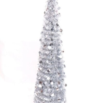 Christmas Tree World The 7Ft Slim Silver Tinsel Pop Up Christmas Tree  Slim Christmas Trees