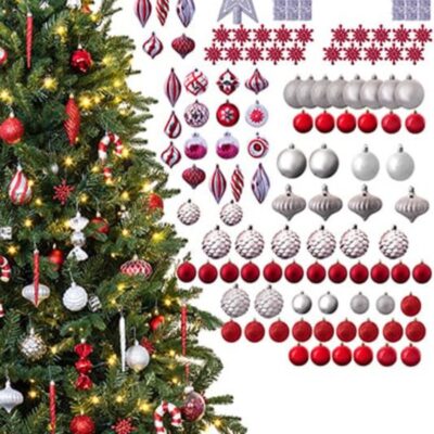 Christmas Tree World The 196Pc Red & Silver Full Heavy Coverage Bauble Set (7Ft Trees)  7 Foot Pre Lit Christmas Trees