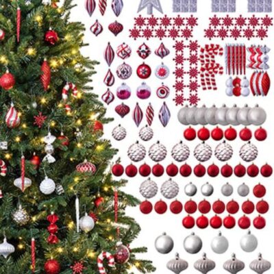 Christmas Tree World The 212Pc Red & Silver Full Heavy Coverage Bauble Set (8Ft Trees)  8 Foot Pre Lit Christmas Trees